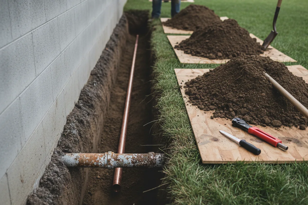 Excavated water line trench during Sewer Line Repair in Port Royal